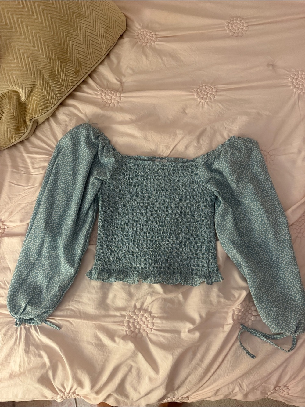 Princess Polly Blue Smocked Puff-Sleeve Crop Top
